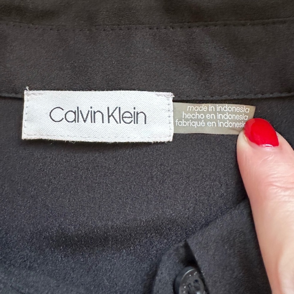 Calvin Klein Blouse Womens L Black Sheer Chiffon Button Up Minimalist Workwear - Picture 6 of 8